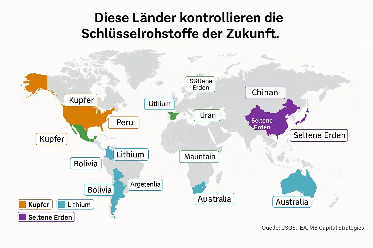 Länder mit Kontrolle über Schlüsselrohstoffe – Weltkarte